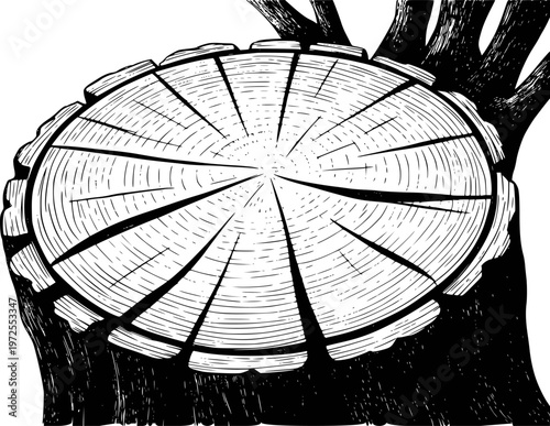 Detailed black and white of a tree stump with visible growth rings and bark texture