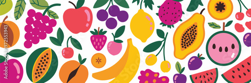 Seamless pattern with various fresh ripe fruits, colorful background, summer food concept, healthy eating.