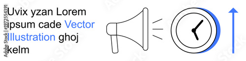 Time management, communication, scheduling, urgency, productivity, alerts. A loudspeaker emitting waves and a clock next to it. Time management and communication concept
