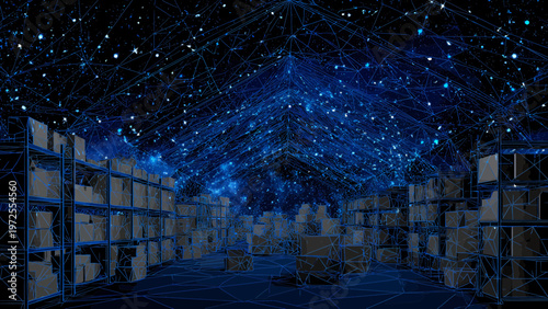 Industrial warehouse interior features glowing geometric mesh structures and floating light particles in a dark environment.