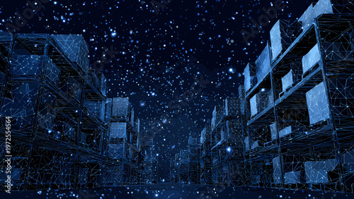 Warehouse shelves stand in a deep blue digital space illuminated by glowing particles and light mesh textures.