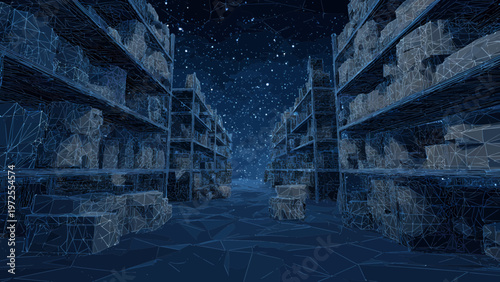 Warehouse storage shelves are filled with crates rendered in a dark blue digital wireframe style.