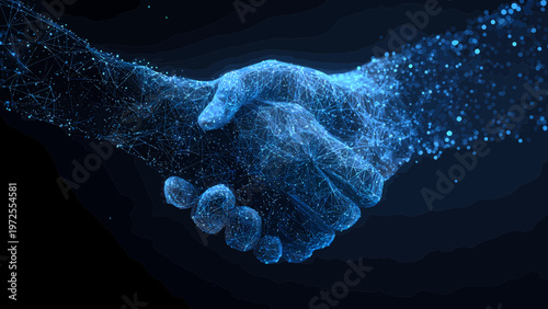 Handshake formed by shimmering blue light particles represents a high-tech corporate merger.
