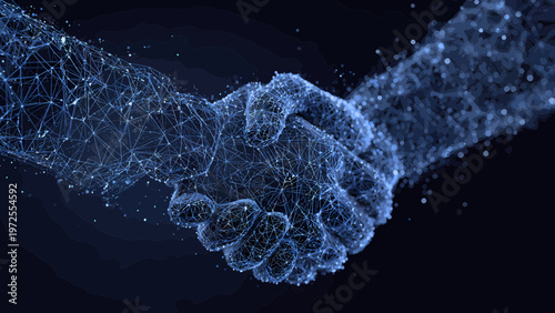 Handshake constructed from glowing blue digital nodes symbolizes a seamless global partnership.