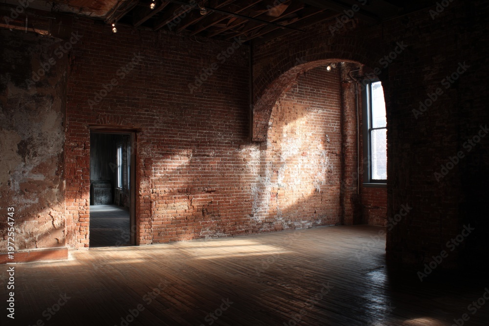 Fototapeta premium Empty loft with exposed brick walls and large window