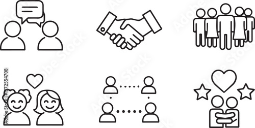 Human Connection and Social Relationship Icon Set Featuring Business Handshake Teamwork Partnership and Community Interaction Symbols