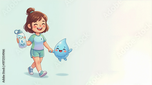 Girl Holding Water Bottle with Smiling Water Drop Character for Hydration Education