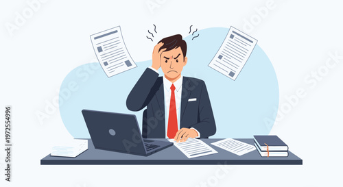 Minimal flat illustration of frustrated accountant top view with scattered papers