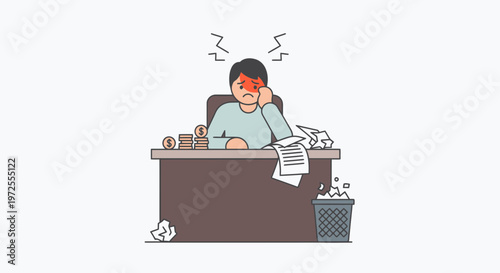Minimal Tax Day Anxiety Scene Icon Person at Messy Desk with Coins