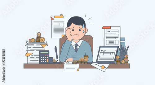 Minimal Tax Day Anxiety Illustration with Person and Messy Desk Scene