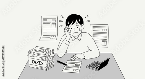 Minimal Tax Day Anxiety Illustration Person Sweating Over Office Desk