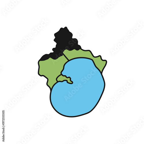 Abstract Map Icon: A simplified, artistic rendering of a landmass with a blue body of water, inviting viewers to explore the concept of location, geography, or environmental elements.