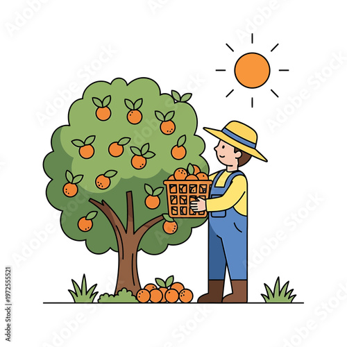 Orchard Bounty: A cheerful farmer harvests ripe oranges from a laden tree under a radiant sun, symbolizing the rewards of labor and the bounty of nature.