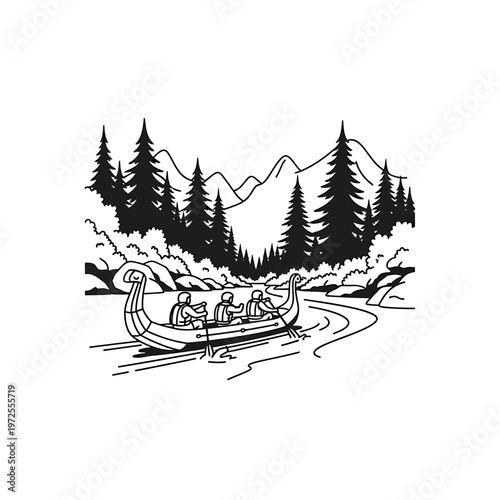 Voyage on the Water: A striking illustration of a longboat navigating a flowing river amidst a majestic mountainscape, where a trio of individuals embarked on a rowing expedition. 