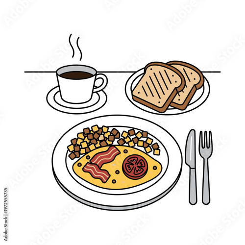 Breakfast Feast: An appetizing breakfast spread is laid out on a table, including a coffee, toast, and a plate of eggs, bacon, potatoes and tomato. It's a delightful start to the day.