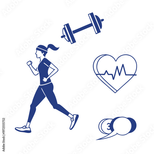 A woman running with fitness icons around her