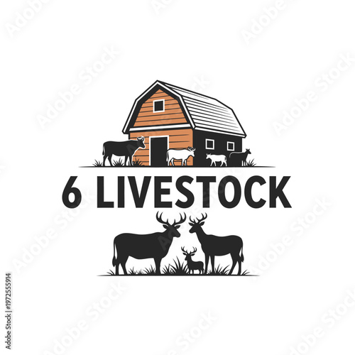 Traditional Livestock Farming logo with a barn and various farm animals, in a bright studio.