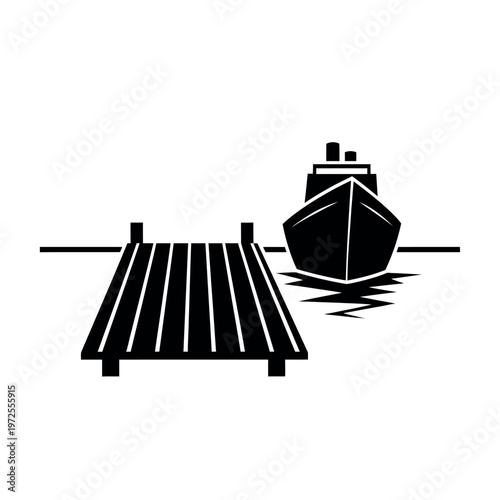 Obraz na plátne Ship and dock in black and white illustration.