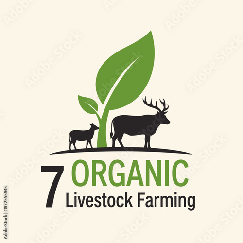 Organic Livestock Farming logo with a deer and cow under a green leaf, in a bright studio.