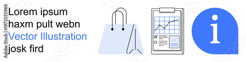 E-commerce, business strategy, data analysis, consumer behavior, online shopping, informational services. Shopping bag, analytics chart and information icon. E-commerce and business strategy concept