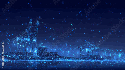 Shipping port cranes operate under a shimmering digital constellation, illustrating automated logistics and global trade technology.
