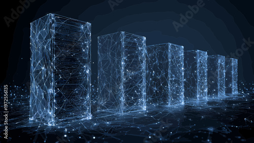 Server racks stand illuminated by a glowing digital network mesh against a dark background, symbolizing data storage and cloud infrastructure.