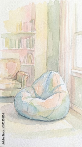 Cozy Beanbag Chair in Soft Pastel Colors Positioned in a Sunlit Home Interior with Bookshelf