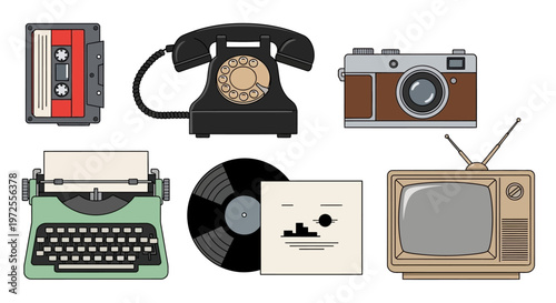 Vintage Retro Technology Icons Set Featuring Cassette Tape Rotary Phone Camera Typewriter Vinyl Record and Television.