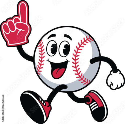 Cartoon baseball character running and wearing a red foam finger