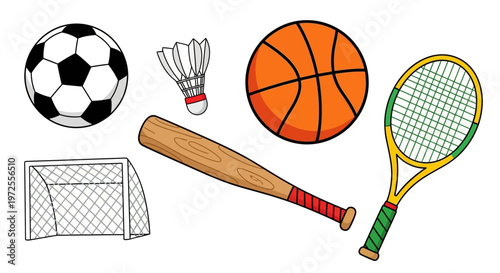 Illustrated Collection of Sports Equipment Including Soccer Ball Basketball and Tennis Racket.