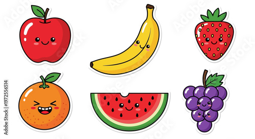 Cute Kawaii Cartoon Fruits with Happy Smiling Faces Illustration.