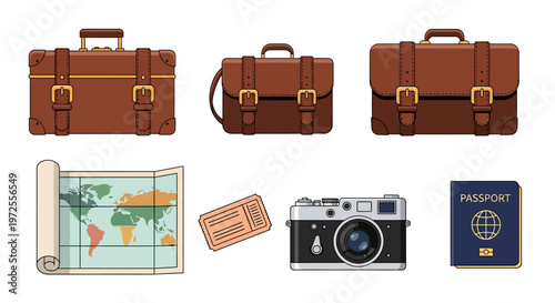 Vector illustration of travel essentials including suitcases map camera and passport.