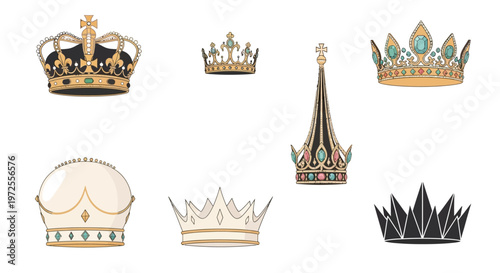 Collection of Ornate Royal Crowns in Gold White and Black Designs.