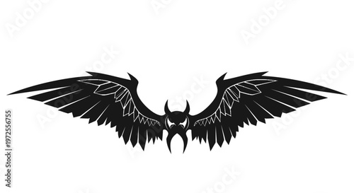 Black Silhouette of Demonic Bat Wings with Central Skull Mask Design.