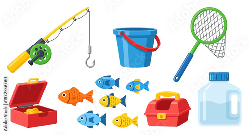 Colorful Cartoon Illustration of Fishing Gear and Caught Fish.