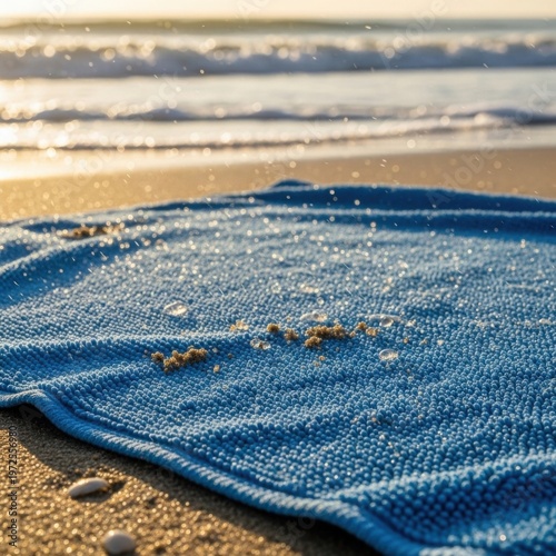 Torn blue denim fabric on sandy beach with ocean waves in background