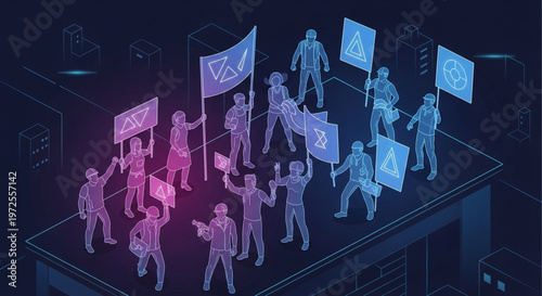 Isometric digital protest scene Diverse crowd on city rooftop holding glowing signs. Symbolizing modern social movements and calls for change