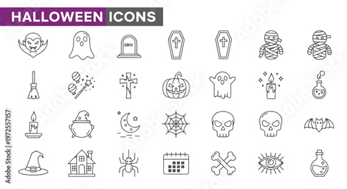 Vector illustration of Colorful Halloween Icons Set Including Ghosts and Skulls and Pumpkins