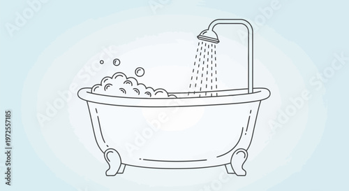 Vector illustration detailed of a clawfoot bathtub with shower and bubbles on a blue background