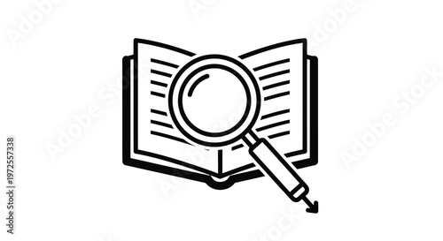 Vector illustration magnifying Glass on Open Book with Pen Minimal Flat Isolated on White Background