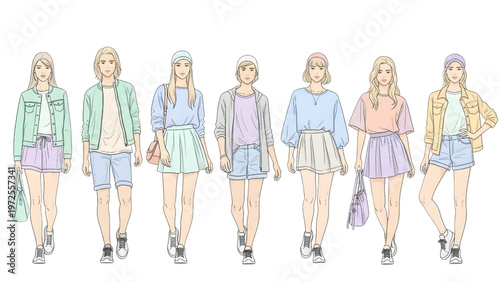 Architectural Drawings Teenagers Spring Outfits 6 Set Front View White Background