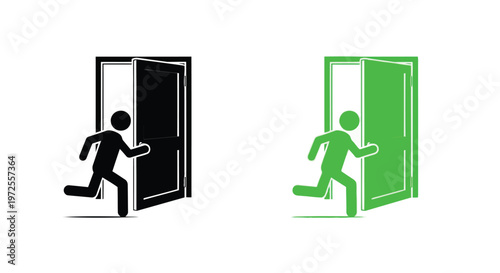 Vector illustration richly Colorful of Person Rushing Through Open Doors in Green and Gray