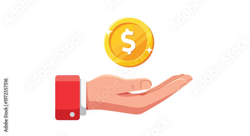Vector illustration detailed of hand with red cuff and coin with dollar sign floating above