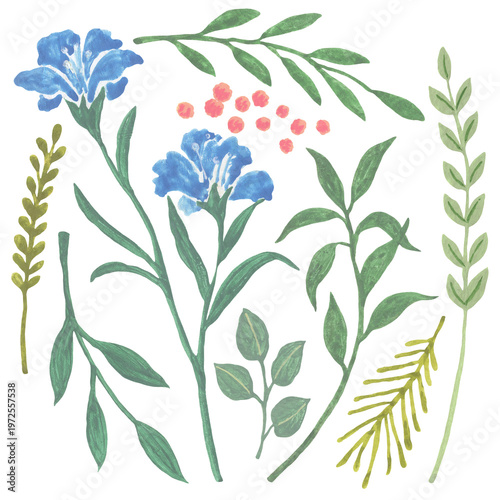 Εκτύπωση καμβά Blue Gouache Flower and Leaf Collection, Hand-painted Botanical DIY Elements