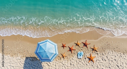 Tropical Beach Scene with Starfish and Umbrella, Ocean Waves and Sand