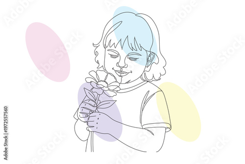 Continuous line drawing of a young child lovingly holding a flower, pastel colors, minimalist aesthetic, perfect for children's illustrations and heartwarming designs.