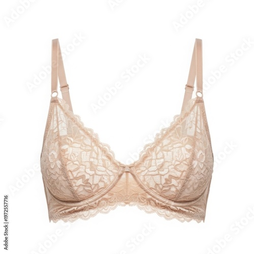A finely crafted beige lace bra with underwire, offering comfort and style. Ideal for fashion, lingerie, and e-commerce product showcases.