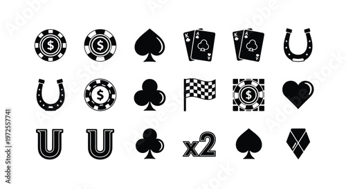 Vector illustration of set of gambling and casino icons in black and white style