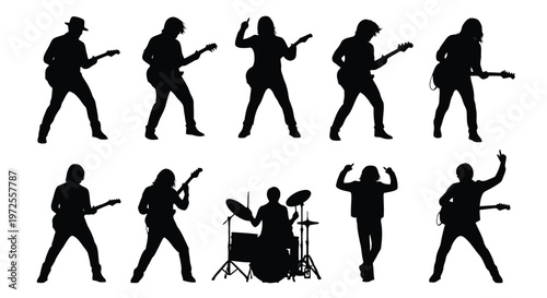 Vector illustration of silhouettes of rock band musicians playing instruments
