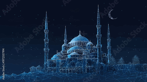 Stunning Digital 3D Mosque Illustration Bathed in Moonlight with Celestial Stars Overhead